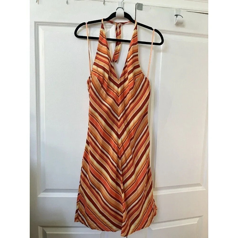 American Eagle Silk Chevron Stripe Orange Halter Dress  Womens 10